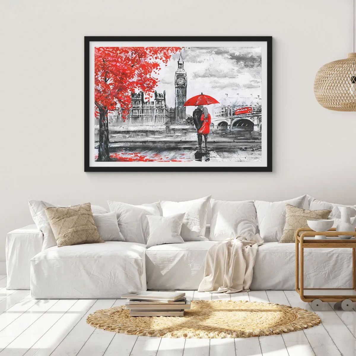Affiche dans un cadre noir - Poster - Scène romantique avec Big Ben et un parapluie rouge - 70x50cm - Amoureux de Londres - Décoration murale moderne pour le salon et la chambre ARTTOR
