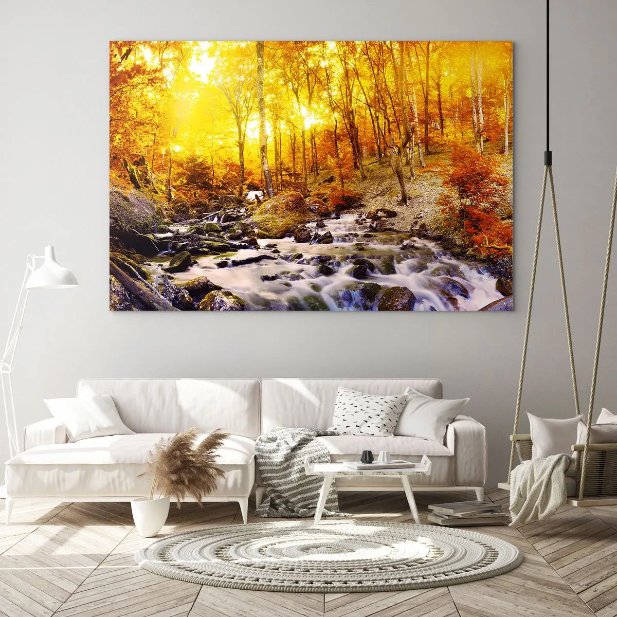 Impression sur verre - Image sur verre - Forêt d'automne avec une rivière dans les rayons de lumière chaude - 120x80cm - Pierres serties d'or et de platine - Décoration murale moderne pour le salon et la chambre ARTTOR