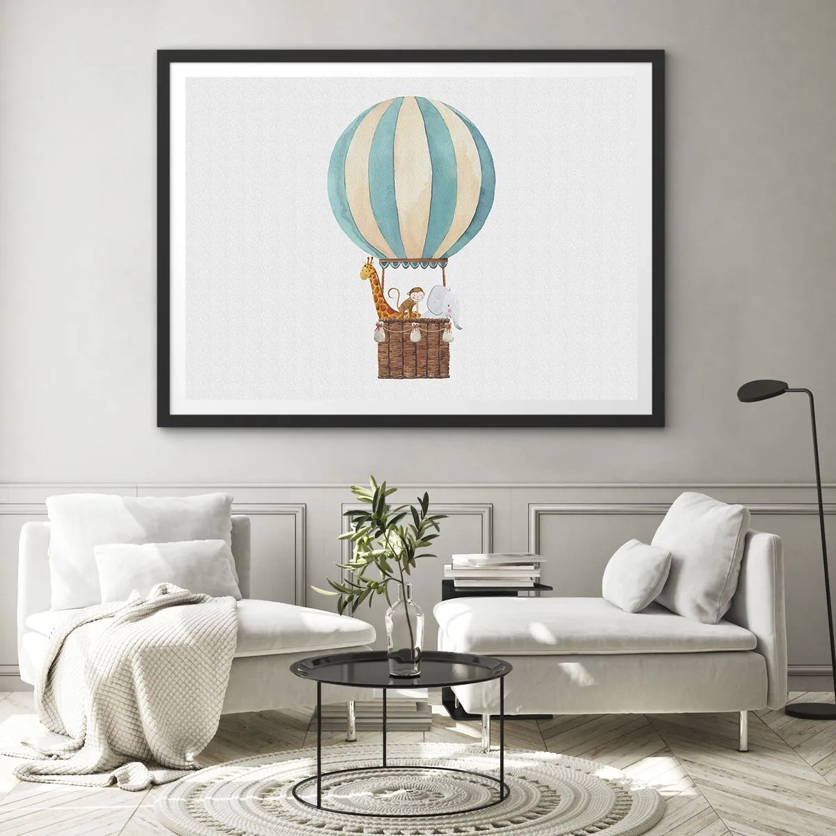 Affiche dans un cadre noir - Poster - Un ballon avec des animaux mignons aux couleurs pastel - 70x50cm - Voyage fantastique - Décoration murale moderne pour le salon et la chambre ARTTOR