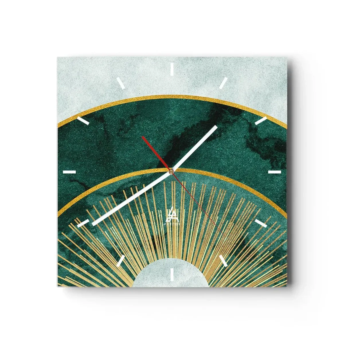Horloge murale - Pendule murale - Motif abstrait avec des cercles aux couleurs émeraude et or. - 30x30cm - Un autre système solaire - Décoration murale moderne pour le salon et la chambre ARTTOR