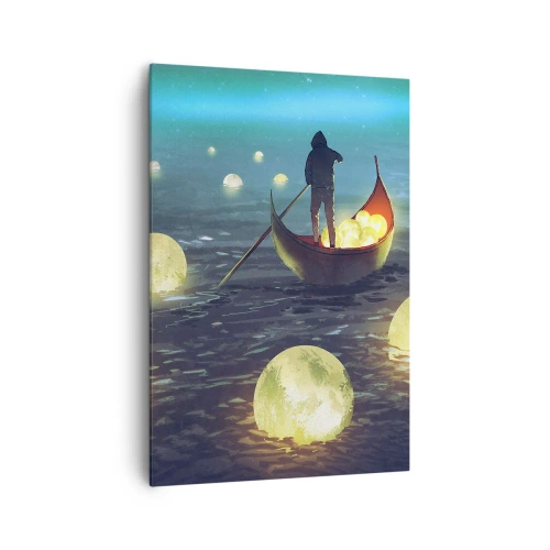 Impression sur toile - Image sur toile - Une silhouette dans un bateau entourée de boules lumineuses sur l'eau - 70x100cm - Des choses dont les philosophes n'ont jamais rêvé - Décoration murale moderne pour le salon et la chambre ARTTOR
