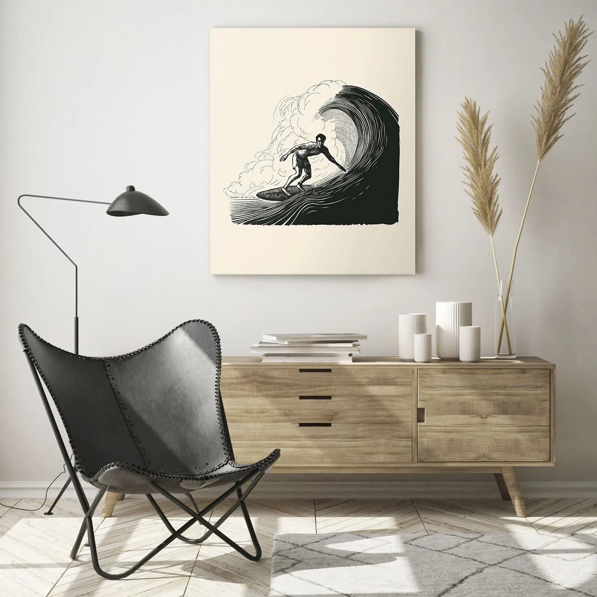 Impression sur verre - Image sur verre - Surfeur chevauchant une haute vague dans un style de dessin rétro - 50x70cm - Le roi de la vague - Décoration murale moderne pour le salon et la chambre ARTTOR