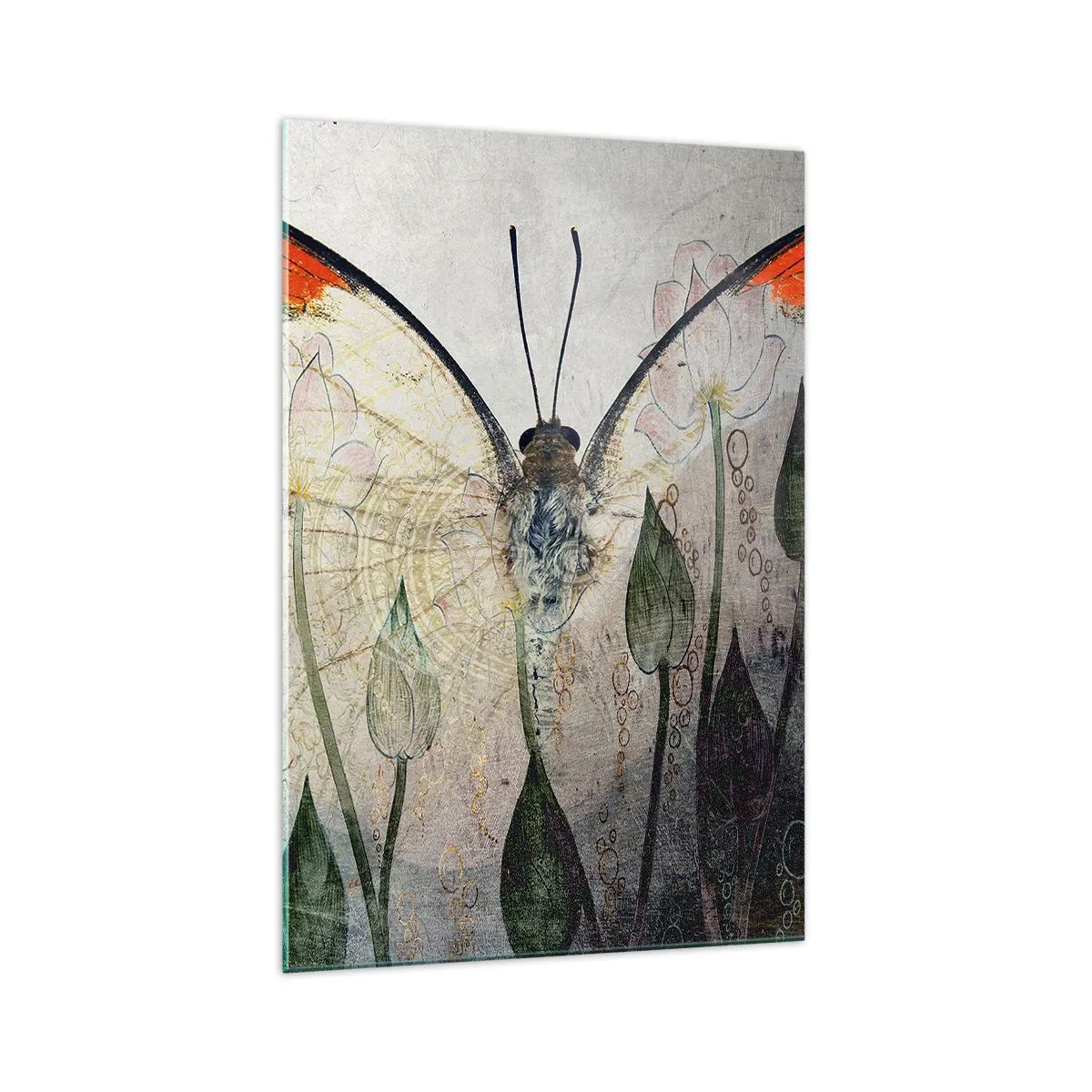 Impression sur verre - Image sur verre - Un papillon aux ailes orange sur un fond de fleurs stylisées. - 70x100cm - "Où est le papillon qui se balance sur l'herbe" - Décoration murale moderne pour le salon et la chambre ARTTOR