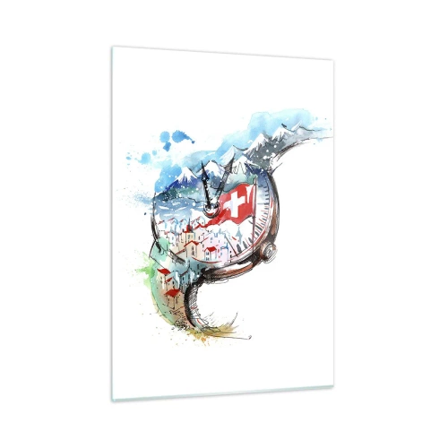 Impression sur verre - Image sur verre - Aquarelle représentant un paysage suisse avec un drapeau et une montre - 50x70cm - L'esprit de la Suisse - Décoration murale moderne pour le salon et la chambre ARTTOR
