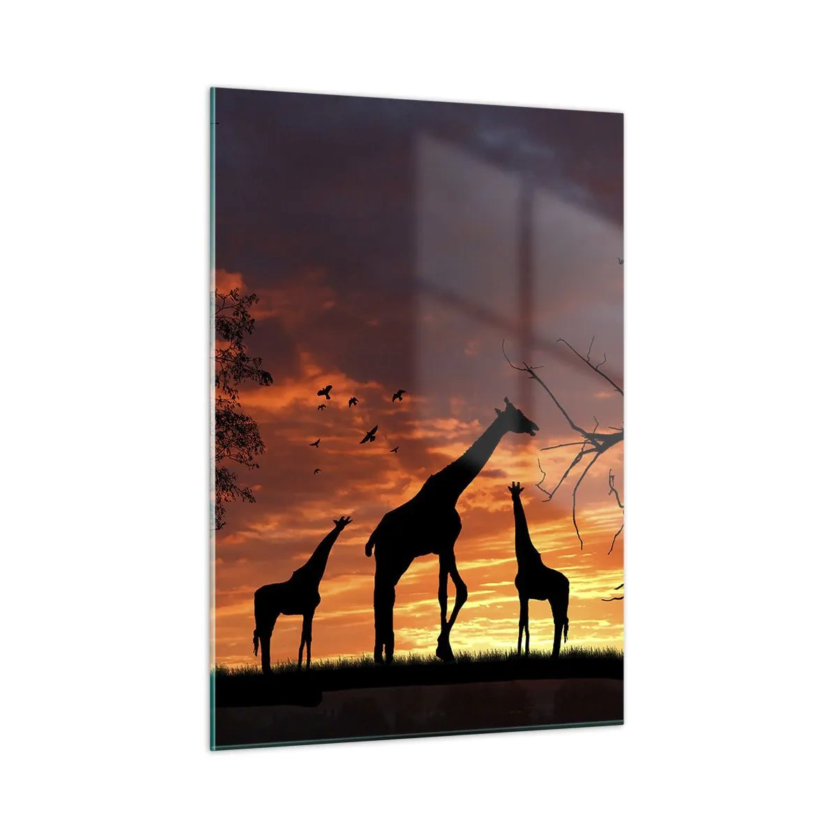 Impression sur verre - Image sur verre - Silhouettes de girafes sur fond de coucher de soleil dans un paysage africain - 50x70cm - Un petit dîner avec vos proches - Décoration murale moderne pour le salon et la chambre ARTTOR