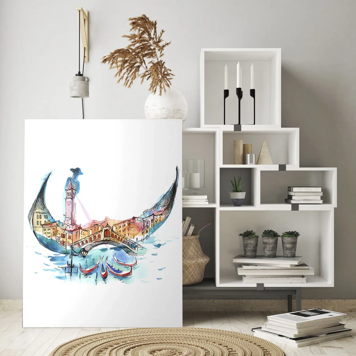 Impression sur verre - Image sur verre - Une composition à l'aquarelle de Venise en forme de gondole - 80x120cm - Nous naviguons à travers la ville - Décoration murale moderne pour le salon et la chambre ARTTOR