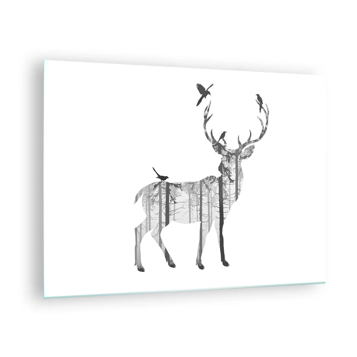 Impression sur verre - Image sur verre - Silhouette graphique d'un cerf avec un motif de forêt et d'oiseaux - 70x50cm - La bonne âme de la forêt - Décoration murale moderne pour le salon et la chambre ARTTOR