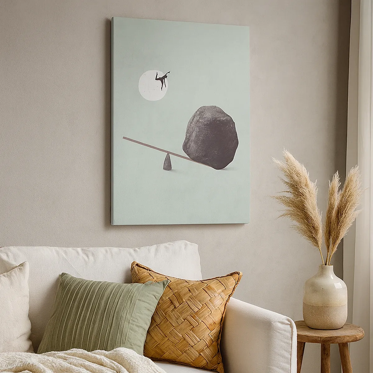 Impression sur toile - Image sur toile - Une scène symbolique avec une figure et un équilibre sur un ciel lumineux. - 50x70cm - Réalisation de ses rêves - Décoration murale moderne pour le salon et la chambre ARTTOR