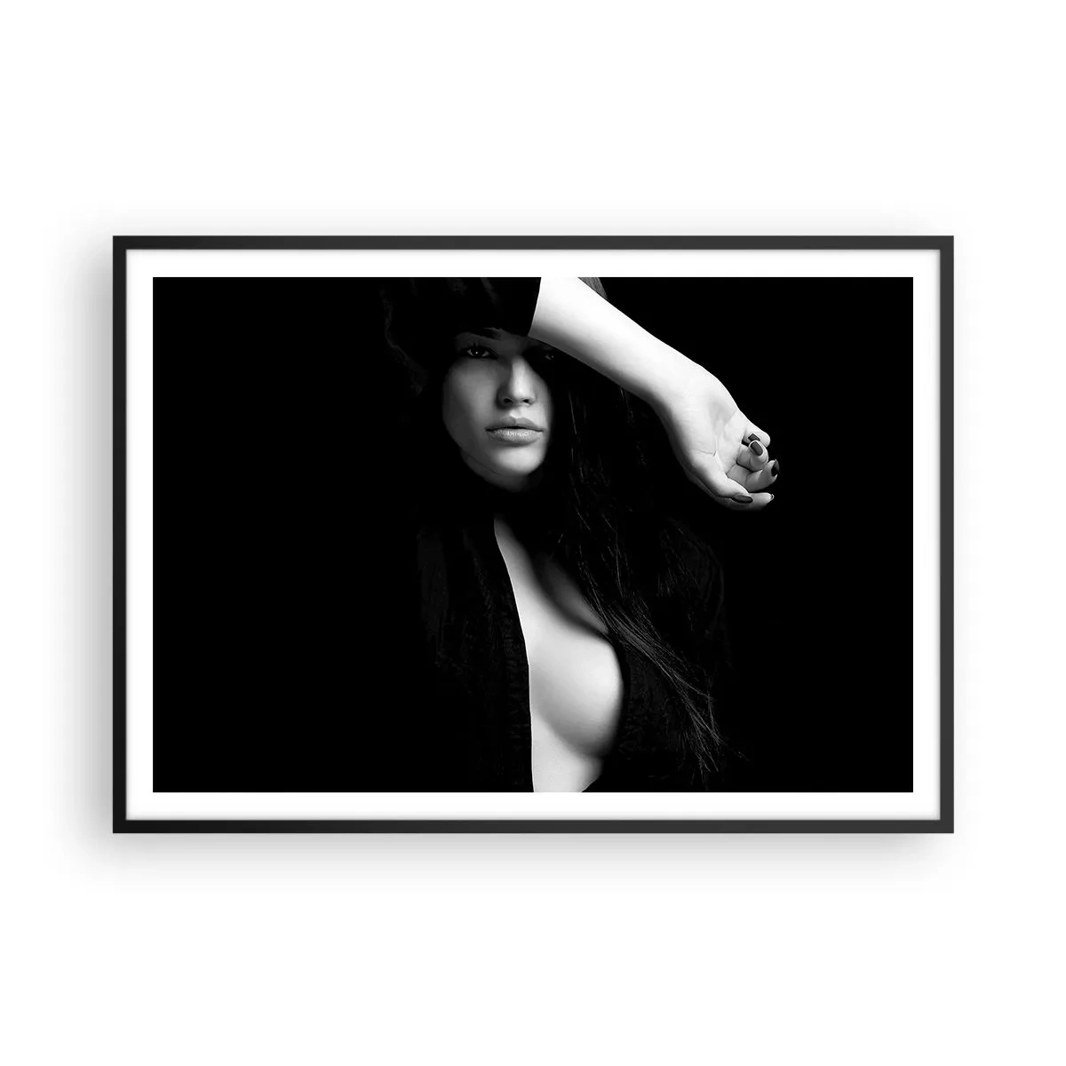 Affiche dans un cadre noir - Poster - Portrait élégant d'une femme en noir et blanc - 100x70cm - École de séduction - Décoration murale moderne pour le salon et la chambre ARTTOR