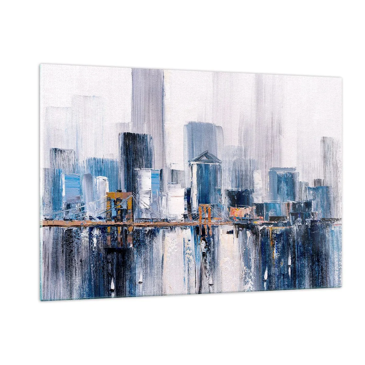 Impression sur verre - Image sur verre - Panorama abstrait de la ville avec des gratte-ciel et un pont aux couleurs froides - 120x80cm - Impression new-yorkaise - Décoration murale moderne pour le salon et la chambre ARTTOR