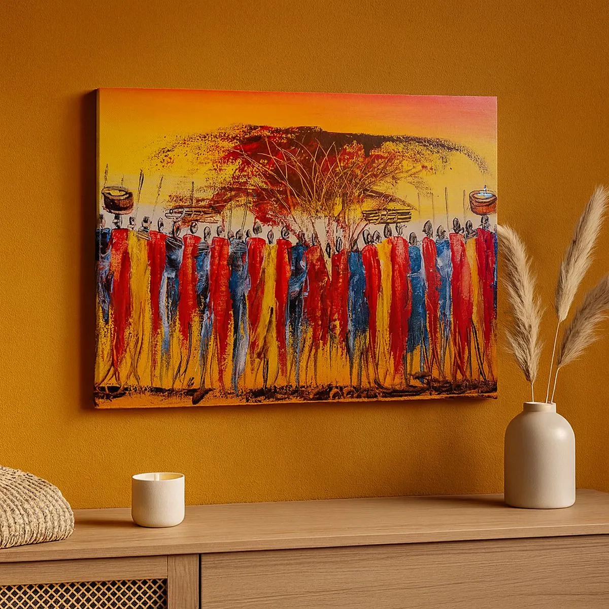 Impression sur toile - Image sur toile - Une scène colorée avec des personnages africains sur fond de soleil couchant. - 70x50cm - Là-bas, là-bas, ils vont là-bas - Décoration murale moderne pour le salon et la chambre ARTTOR