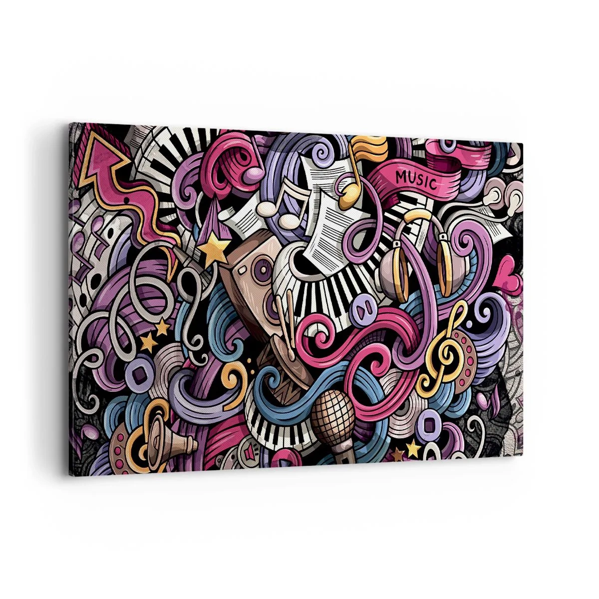 Impression sur toile - Image sur toile - Une abstraction musicale pleine d'instruments et de notes colorées. - 100x70cm - Mélodie compliquée - Décoration murale moderne pour le salon et la chambre ARTTOR