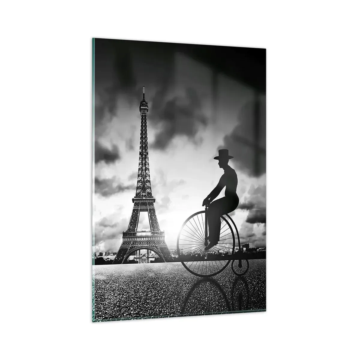 Impression sur verre - Image sur verre - Image en noir et blanc d'un vélo rétro avec la tour Eiffel en arrière-plan - 80x120cm - Nostalgie de la Belle Epoque - Décoration murale moderne pour le salon et la chambre ARTTOR