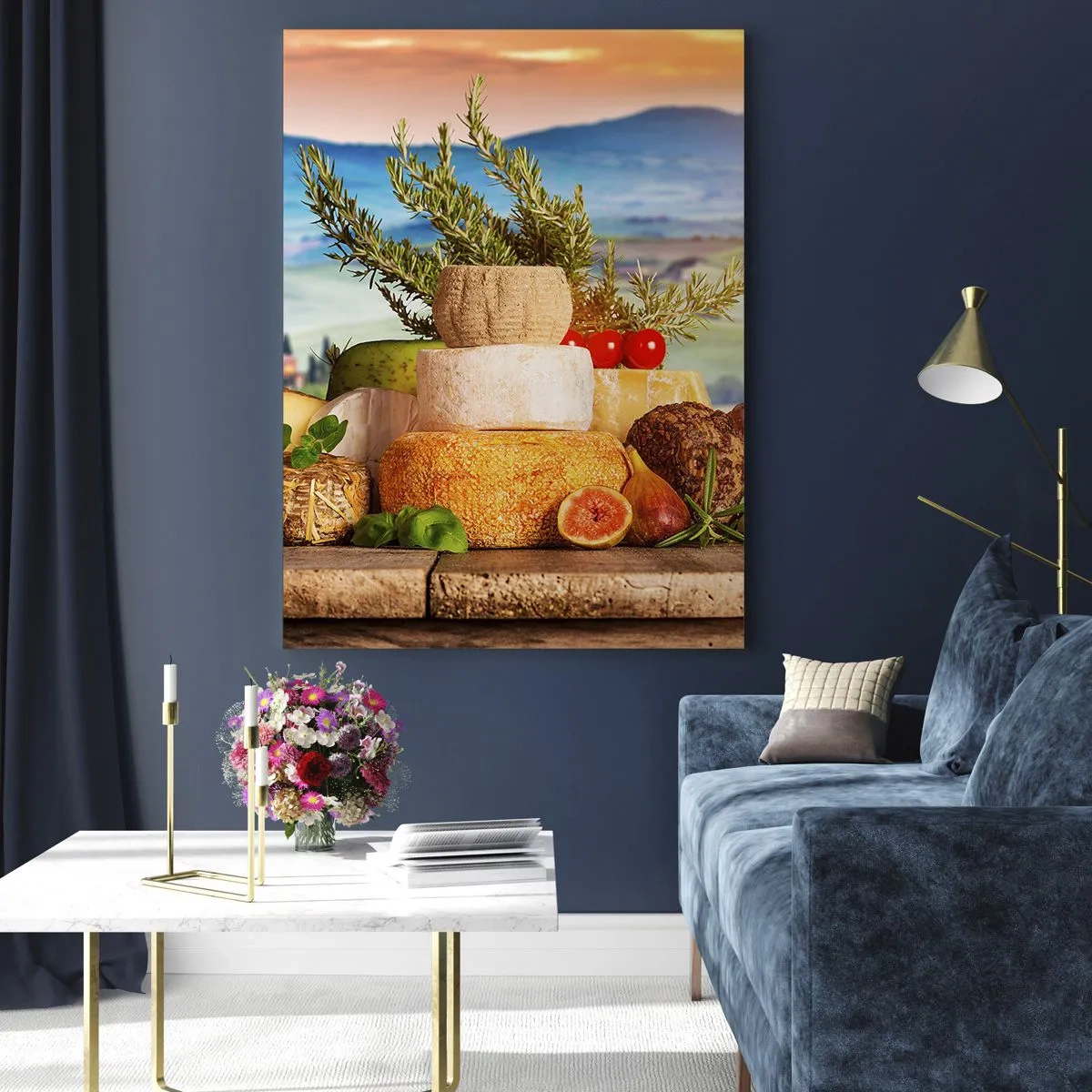 Impression sur verre - Image sur verre - Une composition de fromages et de fruits sur fond de paysage toscan - 50x70cm - La joie de vivre à l'italienne - Décoration murale moderne pour le salon et la chambre ARTTOR