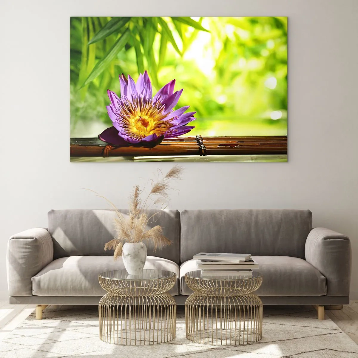 Impression sur verre - Image sur verre - Fleur de lotus violette sur une planche de bambou avec un fond vert - 120x80cm - Sous le soleil asiatique - Décoration murale moderne pour le salon et la chambre ARTTOR