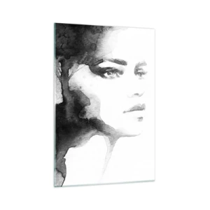Impression sur verre - Image sur verre - Un portrait subtil d'une femme dans des tons de noir et blanc - 70x100cm - Fait de mystère et de brouillard - Décoration murale moderne pour le salon et la chambre ARTTOR