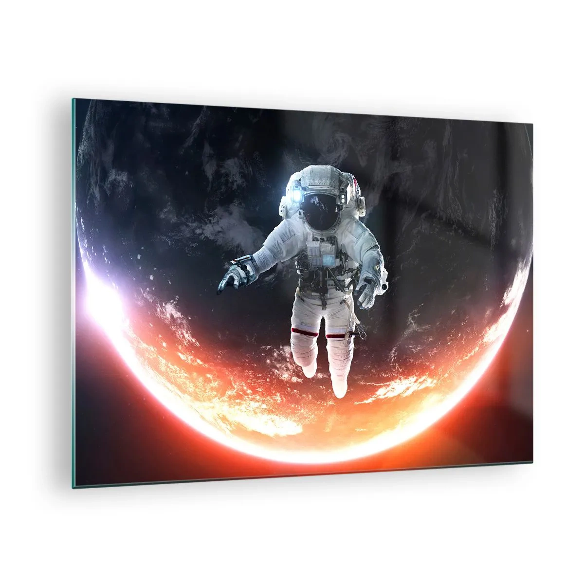 Impression sur verre - Image sur verre - Astronaute dans l'espace avec une planète en arrière-plan - 70x50cm - Puis-je rester un peu plus longtemps ? - Décoration murale moderne pour le salon et la chambre ARTTOR