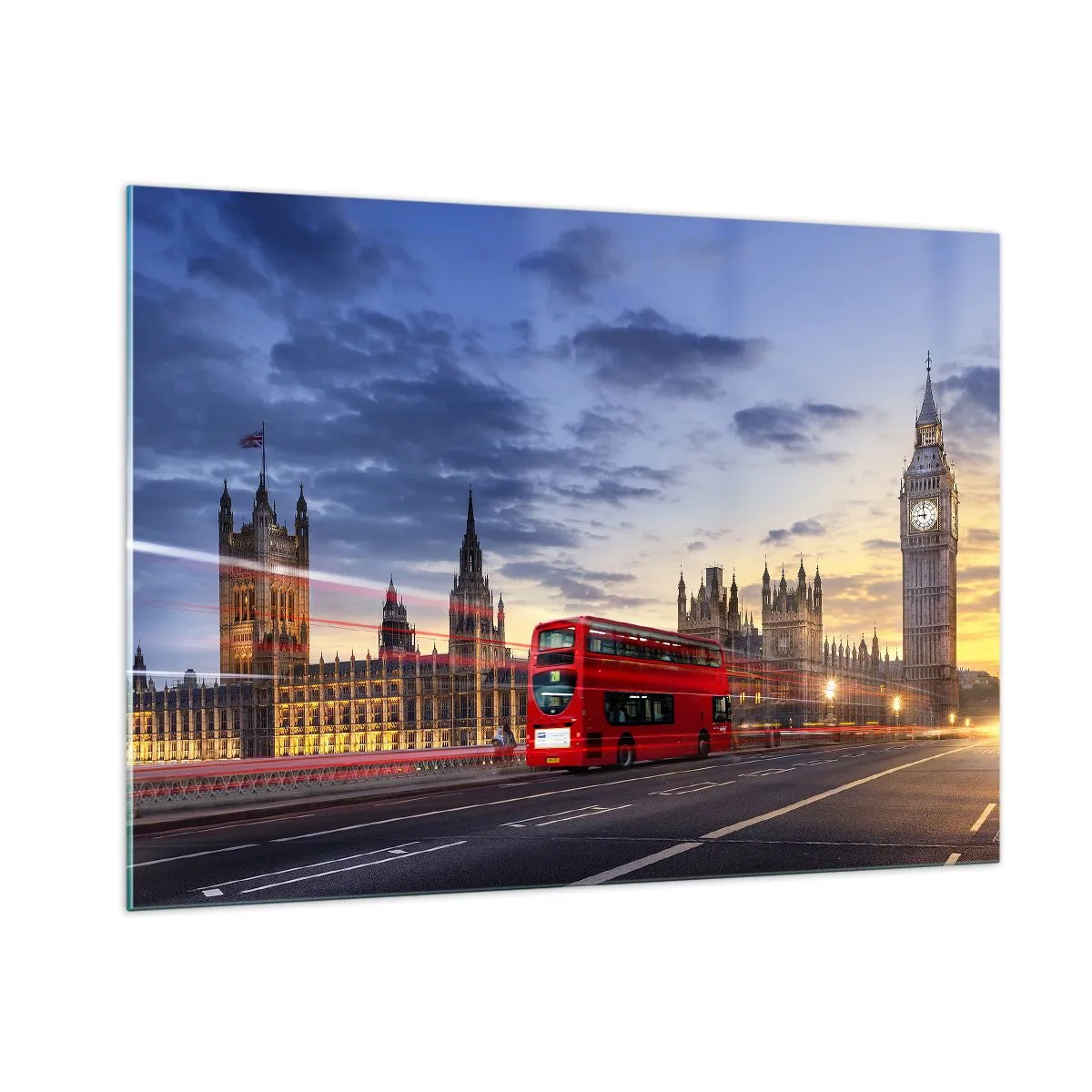 Impression sur verre - Image sur verre - Big Ben et le bus rouge à Londres au coucher du soleil - 100x70cm - Caractères spéciaux - Décoration murale moderne pour le salon et la chambre ARTTOR