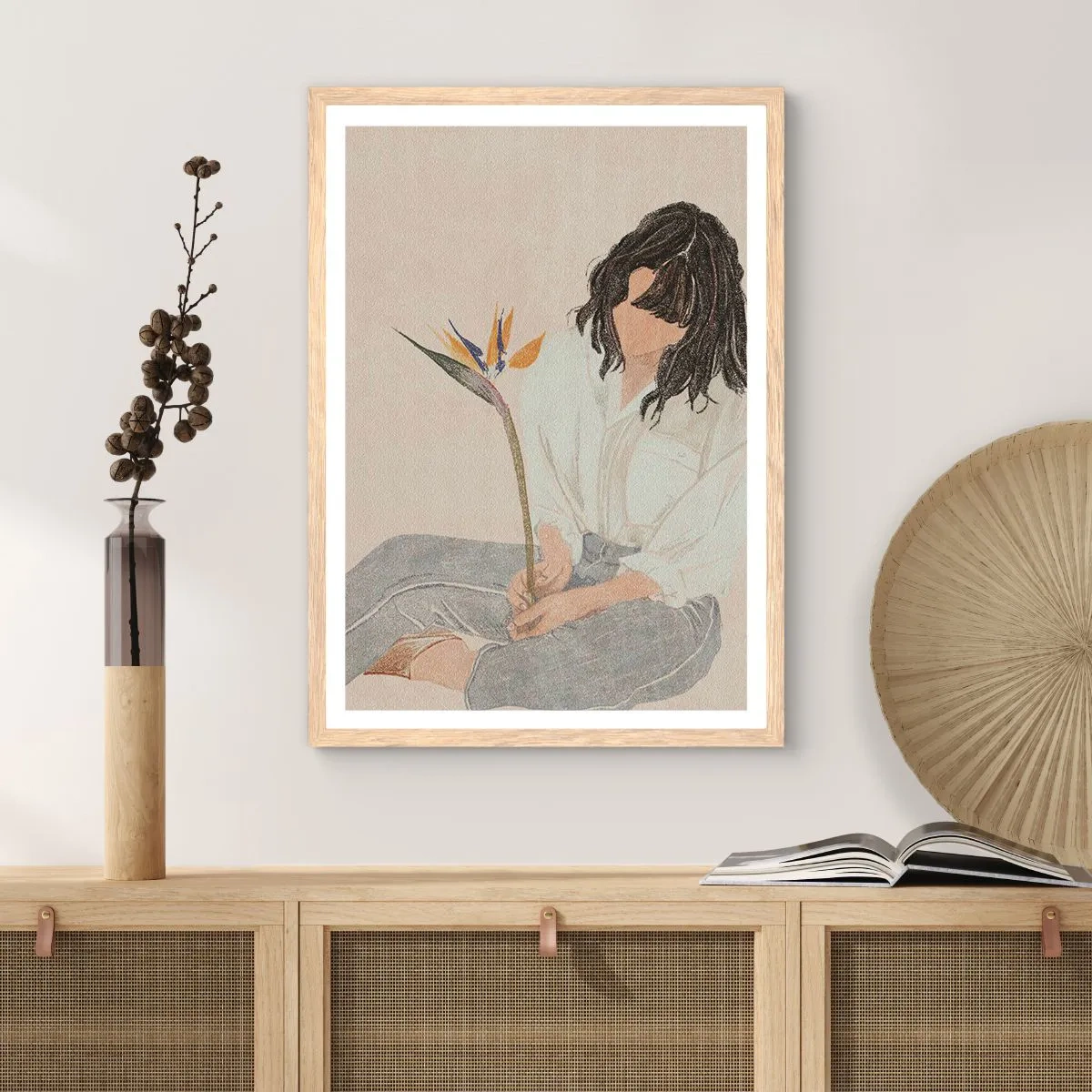 Affiche dans un chêne clair - Poster - Portrait avec une fleur exotique - 30x40 cm