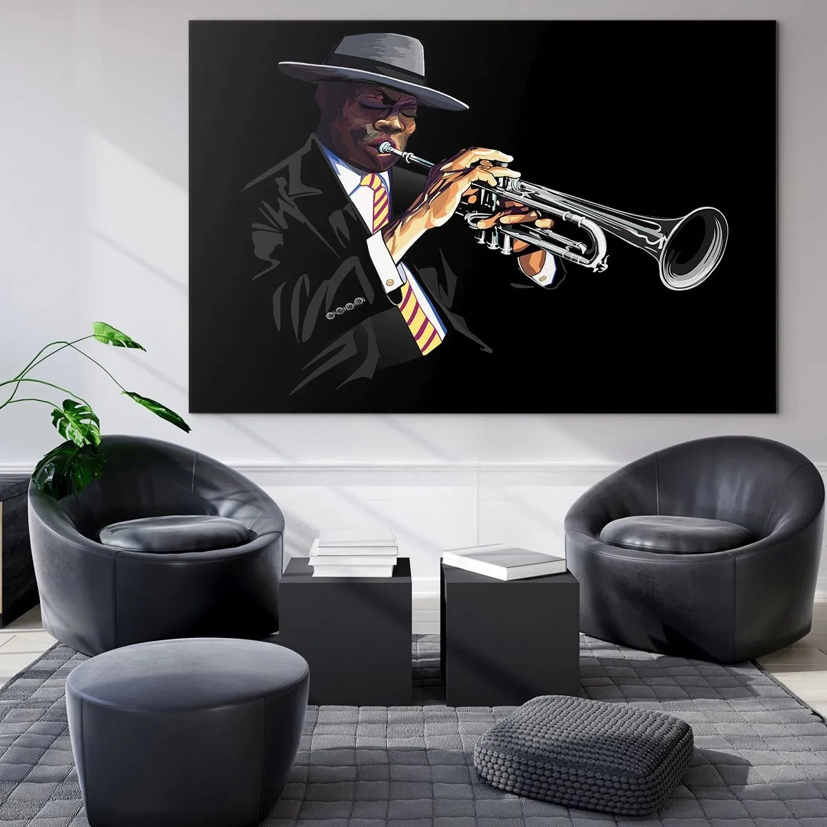 Impression sur verre - Image sur verre - Un musicien noir avec une trompette et un chapeau sur fond noir - 100x70cm - Le charme de la vieille école - Décoration murale moderne pour le salon et la chambre ARTTOR
