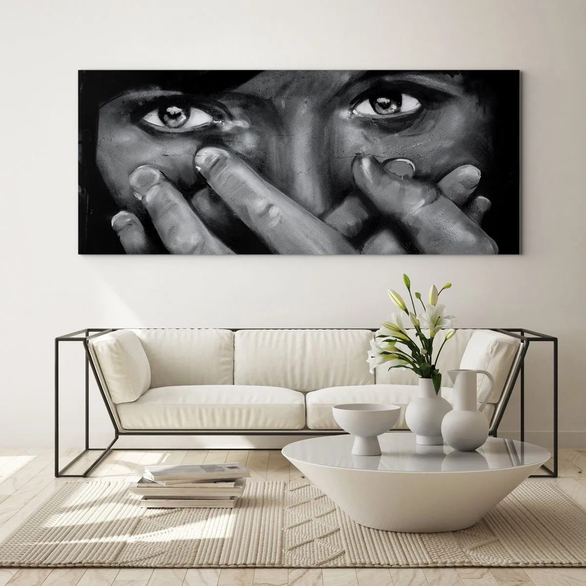 Impression sur verre - Image sur verre - Portrait en noir et blanc d'une femme se couvrant le visage avec ses mains. - 160x50cm - Je ne dirai pas qui a peint - Décoration murale moderne pour le salon et la chambre ARTTOR