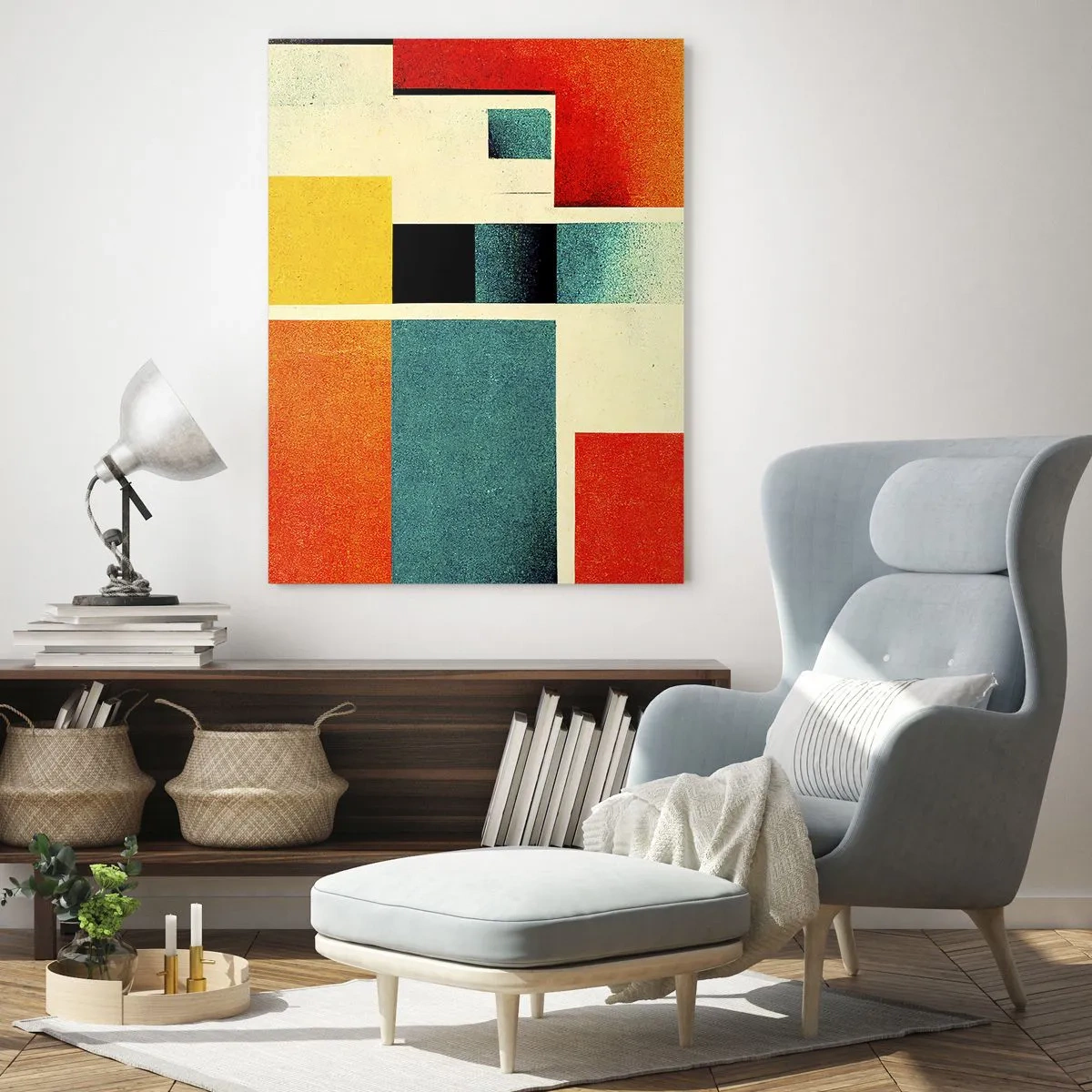 Impression sur verre - Image sur verre - Abstraction géométrique avec des rectangles et des carrés colorés - 70x100cm - Abstraction géométrique – bonne énergie - Décoration murale moderne pour le salon et la chambre ARTTOR