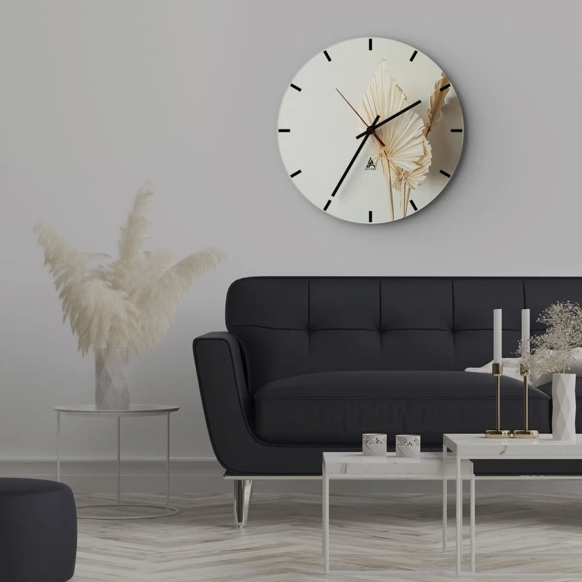 Horloge murale - Pendule murale - Feuilles de palmier séchées sur fond beige dans un style bohème - 30x30cm - Quand tu dois t’apaiser - Décoration murale moderne pour le salon, la cuisine et la chambre ARTTOR
