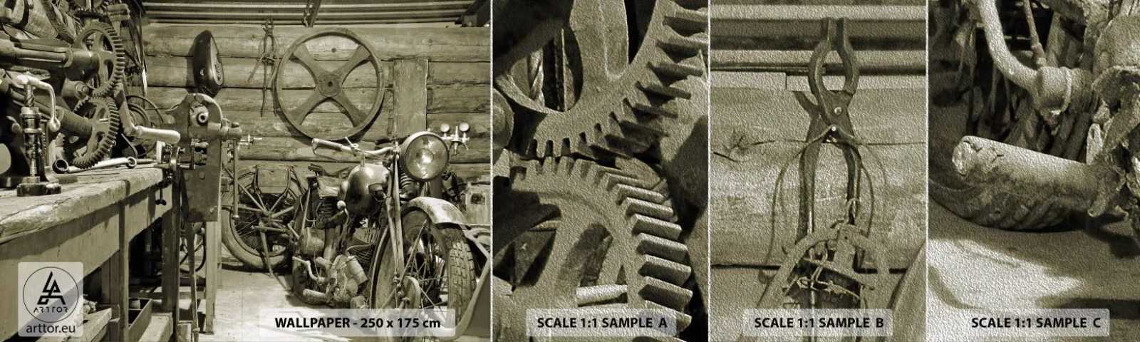 Échantillon de Papier Peint Premium Sand - Dans le hangar de l'oncle Władek - Moto, Atelier de réparation automobile, Ancien - 100x30 cm