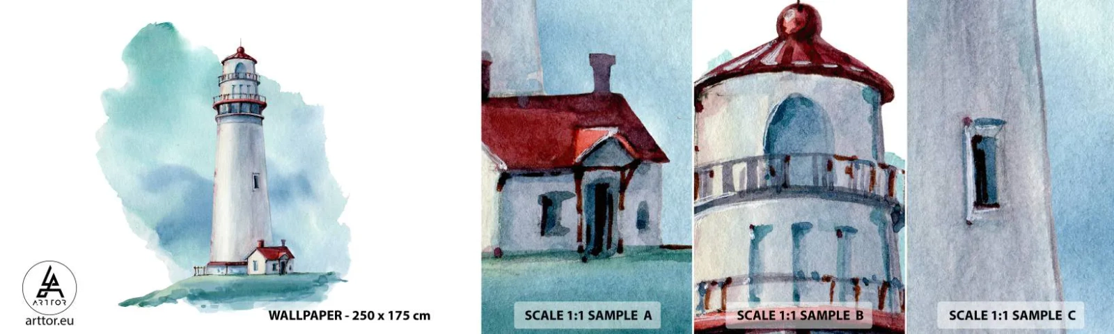 Échantillon de Papier Peint Autocollant Deluxe Sticker - La douce sœur du bleu - Phare, Bord de mer, Dessin - 100x30 cm