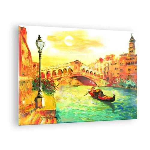 Impression sur verre - Image sur verre - Canal avec gondole et pont sous les rayons du soleil couchant - 70x50cm - Un pèlerinage d'amoureux - Décoration murale moderne pour le salon et la chambre ARTTOR