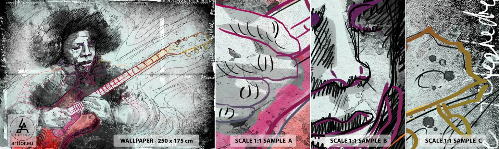 Échantillon De Papier Peint Standard Eco - Sur les vagues de la musique - Musique, Guitariste, Instrument - 100x30 cm