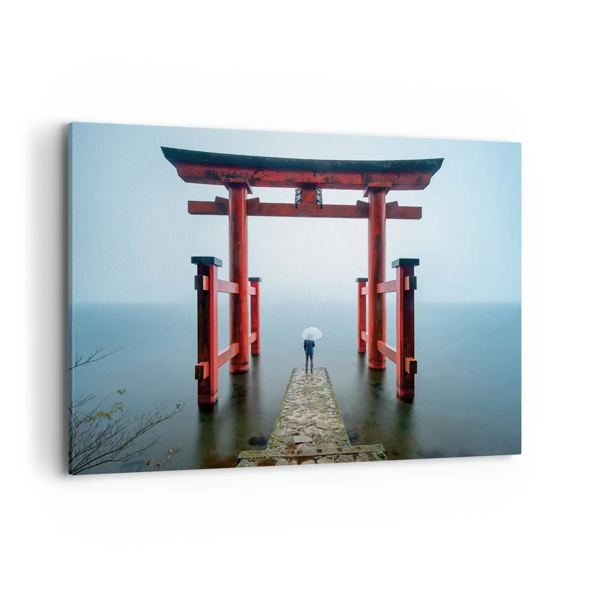 Impression sur toile - Image sur toile - Un portail torii surplombant un lac tranquille au Japon - 100x70cm - Rêverie japonnaise - Décoration murale moderne pour le salon et la chambre ARTTOR