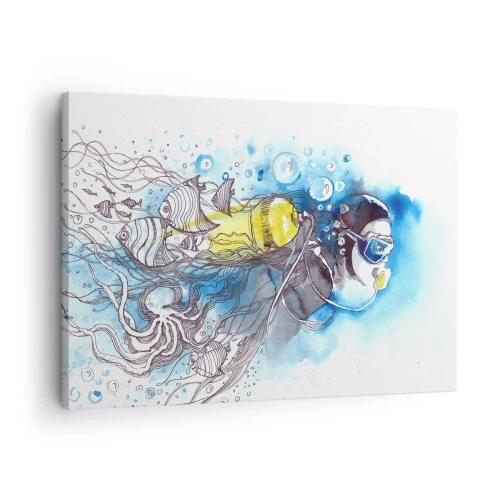 Impression sur toile - Image sur toile - Scène sous-marine avec un plongeur et des poissons exotiques - 70x50cm - Le grand bleu - Décoration murale moderne pour le salon et la chambre ARTTOR