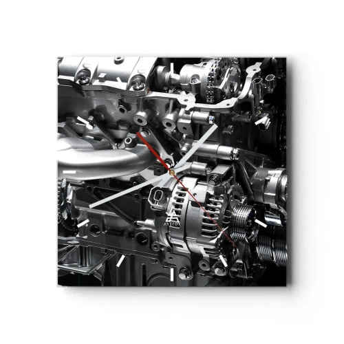 Horloge murale - Pendule murale - Gros plan de pièces de moteur en métal sur fond noir - 30x30cm - Acier, beau, fort - Décoration murale moderne pour le salon et la chambre ARTTOR