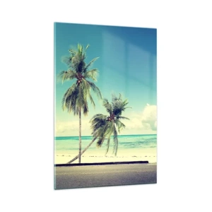 Impression sur verre - Image sur verre - Une camionnette rose avec une planche de surf sur une plage tropicale. - 80x120cm - Il est temps de commencer les vacances - Décoration murale moderne pour le salon et la chambre ARTTOR