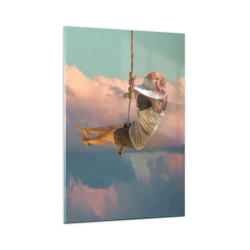 Impression sur verre - Image sur verre - Femme sur une balançoire parmi les nuages roses - 80x120cm - S'amuser dans les nuages - Décoration murale moderne pour le salon et la chambre ARTTOR