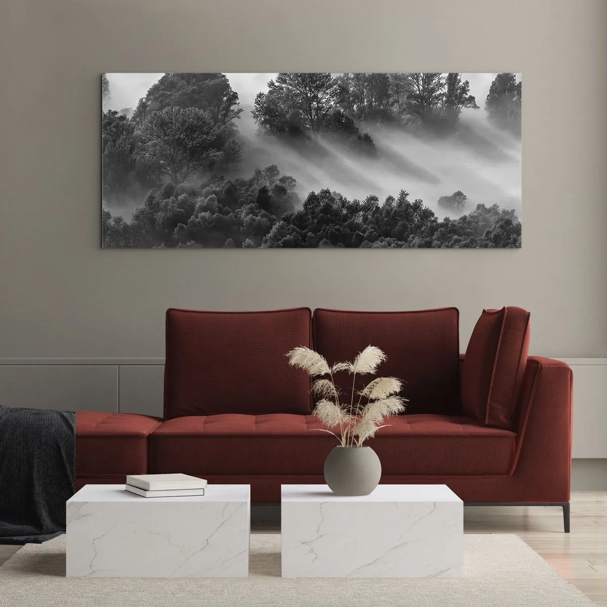 Impression sur verre - Image sur verre - Paysage forestier noir et blanc dans le brouillard du matin - 120x50cm - Sortir de son sommeil - Décoration murale moderne pour le salon et la chambre ARTTOR