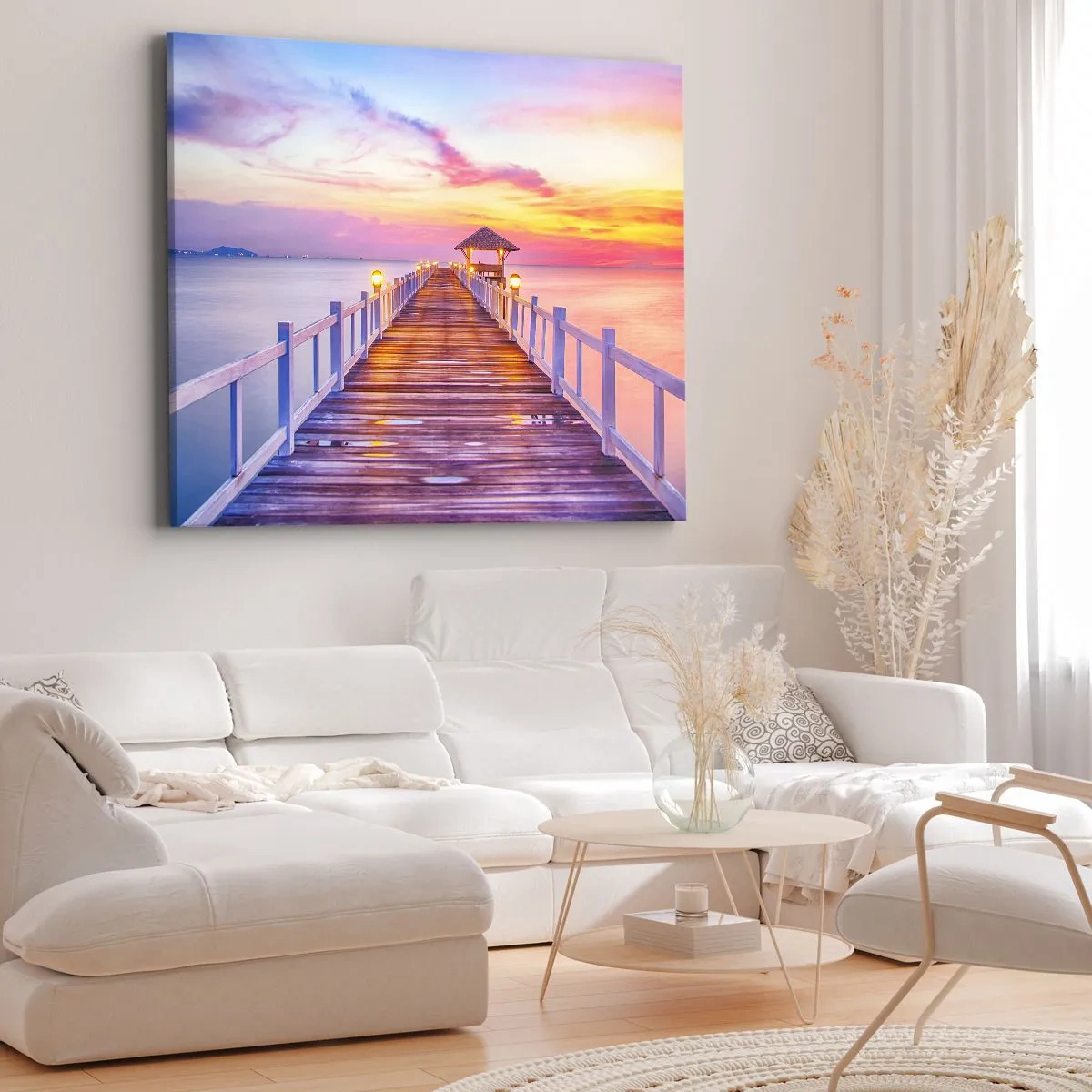 Impression sur toile - Image sur toile - Une jetée sur l'eau au coucher du soleil aux couleurs pastel - 70x50cm - Le silence lilas-doré du soir - Décoration murale moderne pour le salon et la chambre ARTTOR