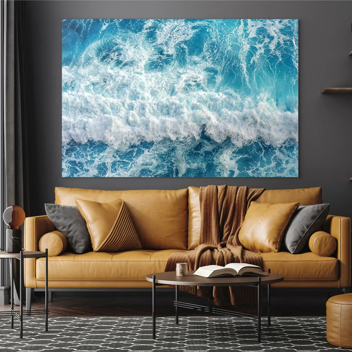 Impression sur verre - Image sur verre - Des vagues bleues s'écrasant sur le rivage - 70x50cm - Joyeusement et en sautant - Décoration murale moderne pour le salon et la chambre ARTTOR