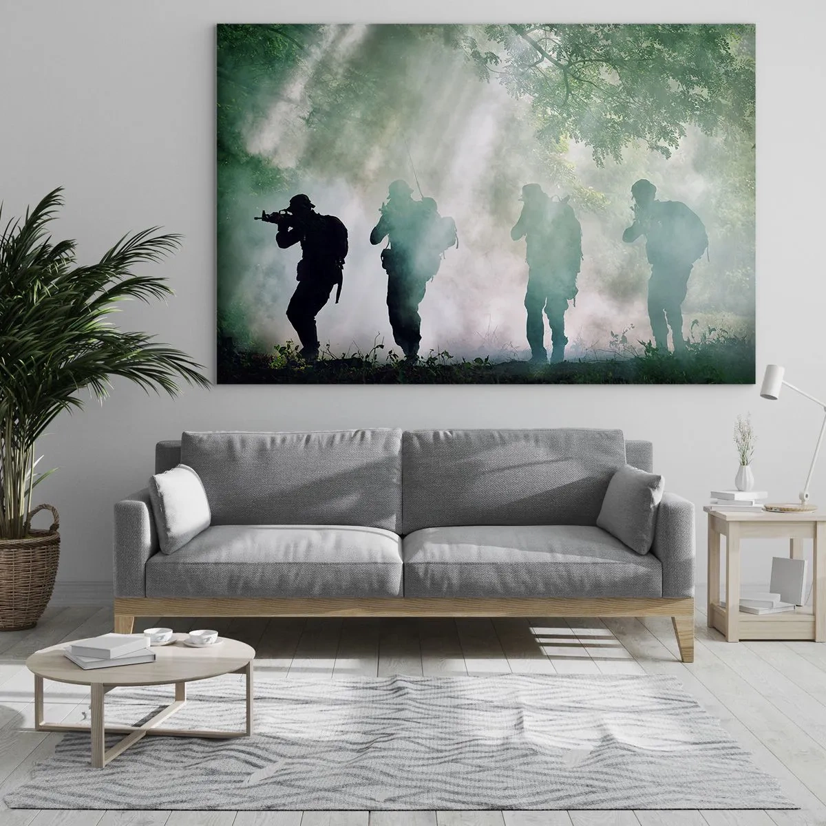 Impression sur verre - Image sur verre - Un groupe de soldats en fumée, marchant dans la forêt, en état d'alerte maximale - 70x50cm - Un pour tous… - Décoration murale moderne pour le salon et la chambre ARTTOR