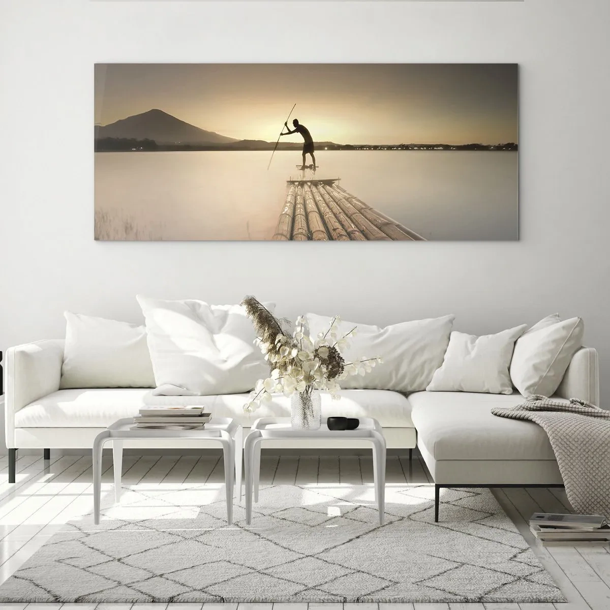 Impression sur verre - Image sur verre - Homme sur un radeau au coucher du soleil - 140x50cm - Avant la fin du jour - Décoration murale moderne pour le salon et la chambre ARTTOR