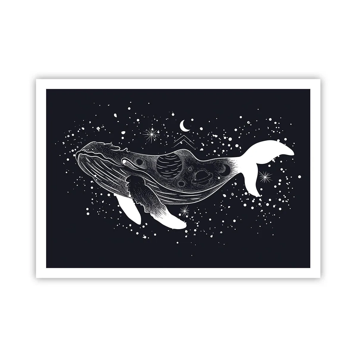 Affiche - Poster - Une illustration graphique d'une baleine dans un style de l'ère spatiale. - 100x70cm - Dans l'océan de l'univers - Décoration murale moderne pour le salon et la chambre ARTTOR