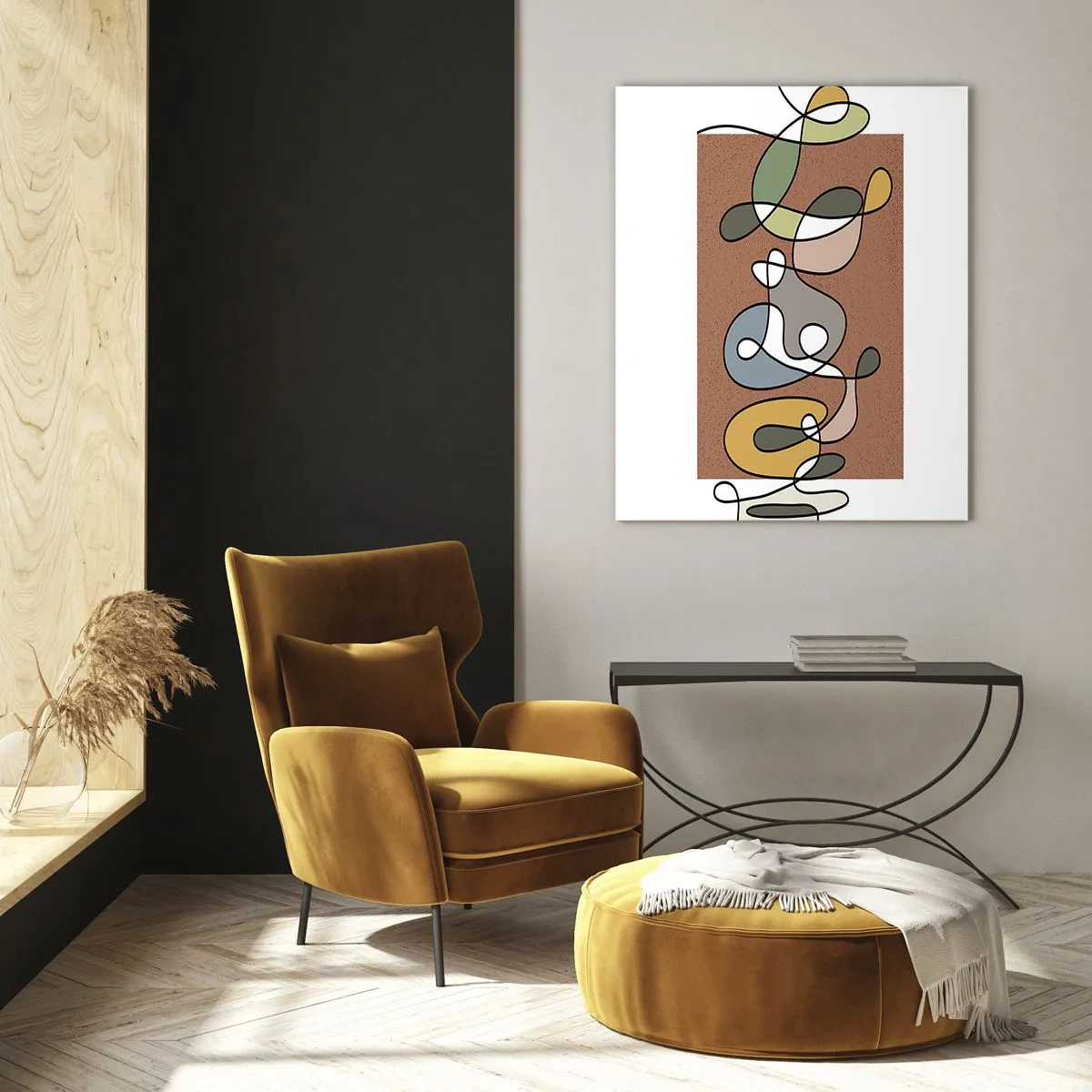 Impression sur verre - Image sur verre - Abstraction colorée avec une ligne noire sur un fond marron - 50x70cm - Une abstraction qui mérite le sourire - Décoration murale moderne pour le salon et la chambre ARTTOR