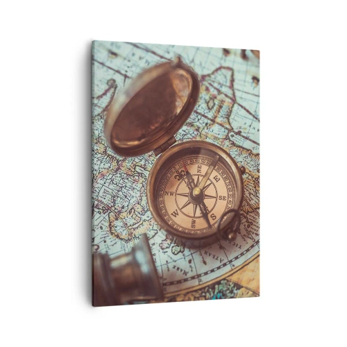 Impression sur toile - Image sur toile - Composition avec une boussole, des clés et une vieille carte dans un style rétro - 50x70cm - Pour ceux qui recherche l'aventure - Décoration murale moderne pour le salon et la chambre ARTTOR