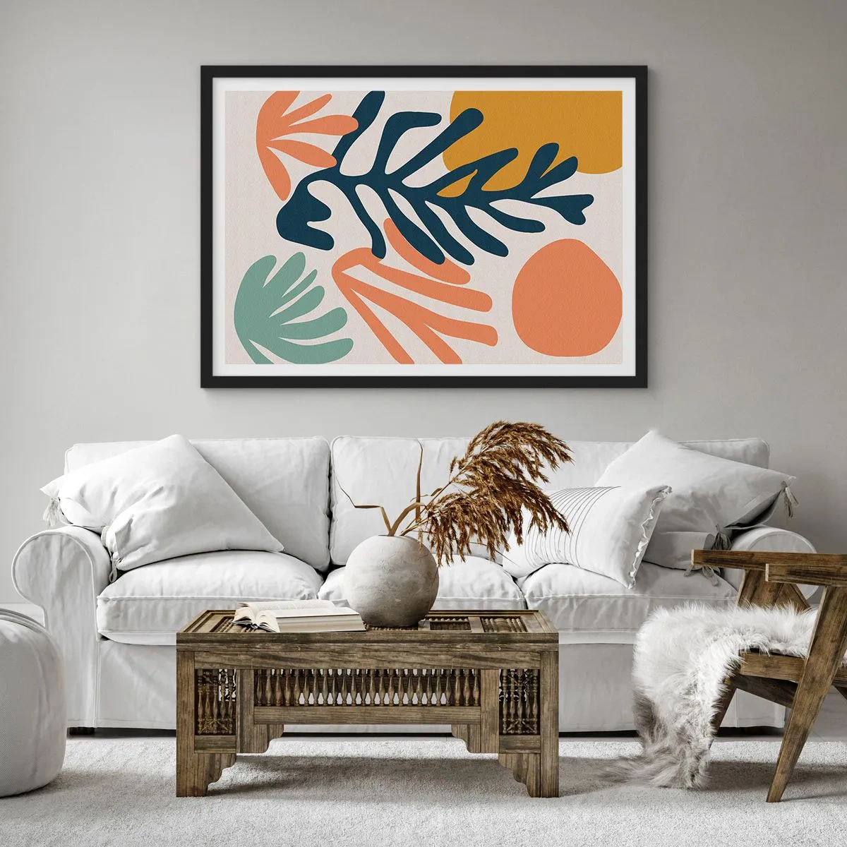 Affiche dans un cadre noir - Poster - Feuilles colorées dans un style abstrait - 70x50cm - Mers de corail - Décoration murale moderne pour le salon et la chambre ARTTOR