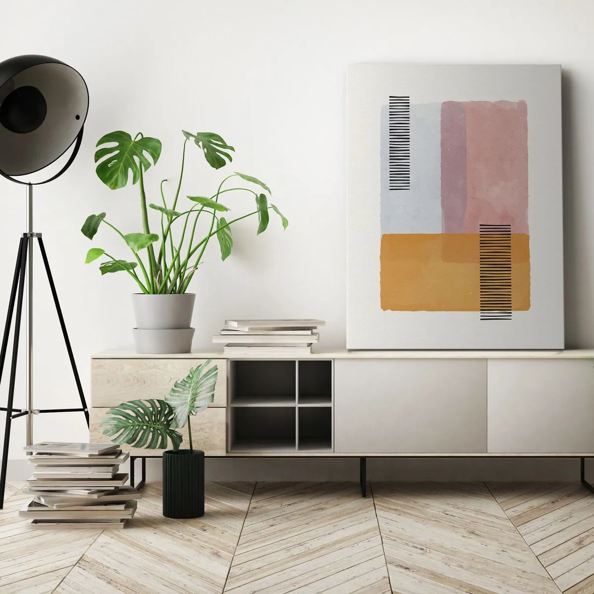 Impression sur toile - Image sur toile - Géométrie aux couleurs pastel avec des lignes sur fond clair - 70x100cm - D'un coin à l'autre - Décoration murale moderne pour le salon et la chambre ARTTOR