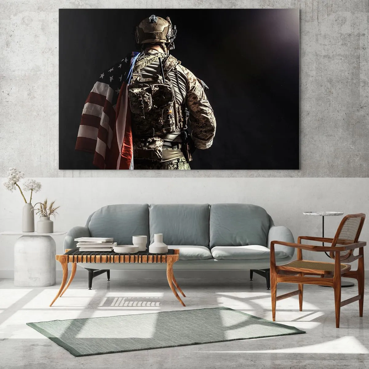 Impression sur verre - Image sur verre - Un soldat avec un drapeau américain sur un fond sombre - 120x80cm - C'est exactement pour ça - Décoration murale moderne pour le salon et la chambre ARTTOR