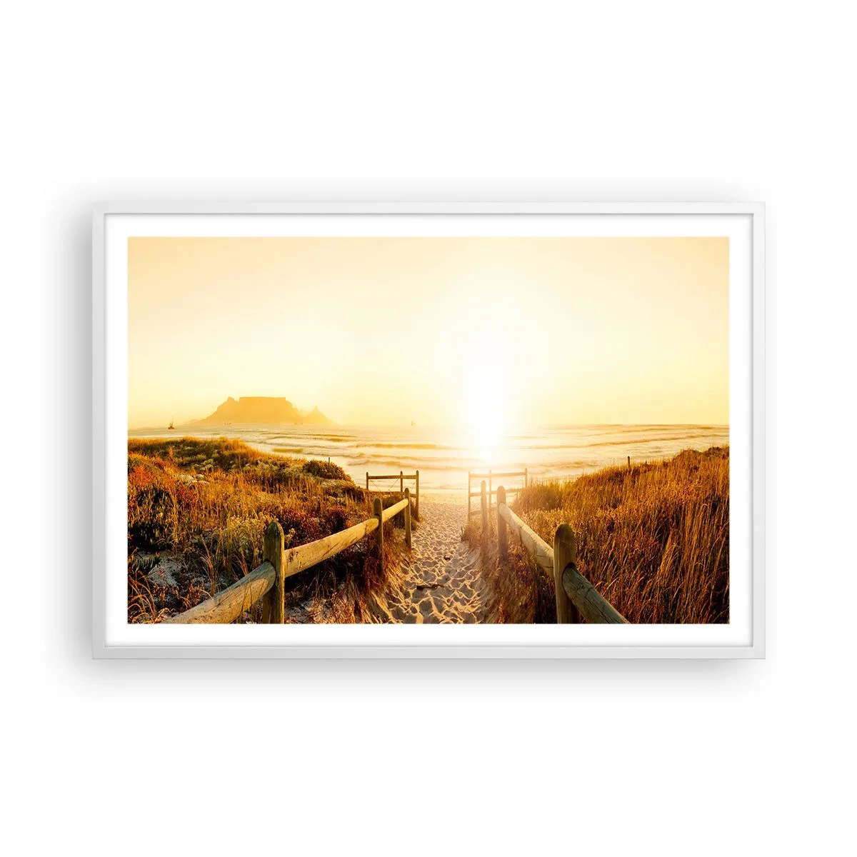 Affiche dans un cadre blanc - Poster - A travers la dune, vers le soleil - 91x61 cm