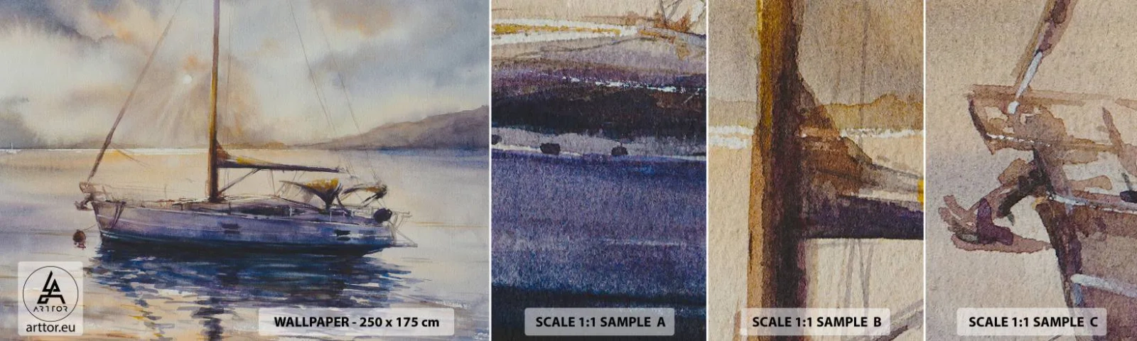 Échantillon De Papier Peint Standard Eco - Soirée sur la baie - Voilier, Pêche, Bord de mer - 100x30 cm