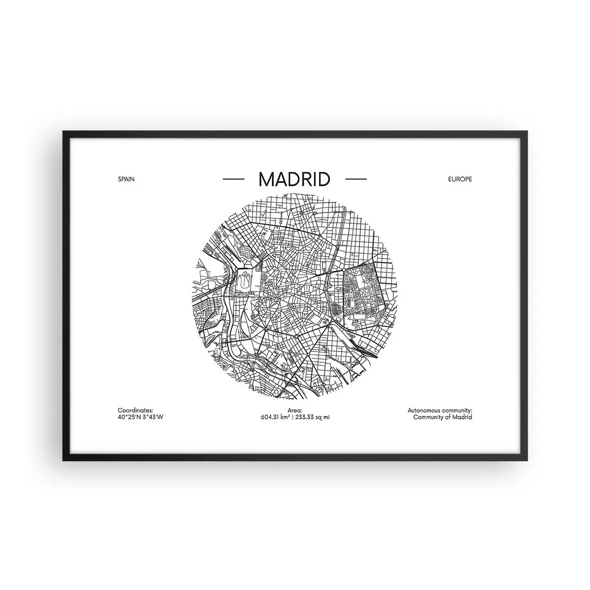 Affiche dans un cadre noir - Poster - Carte de Madrid dans un style minimaliste en noir et blanc - 100x70cm - Anatomie de Madrid - Décoration murale moderne pour le salon et la chambre ARTTOR